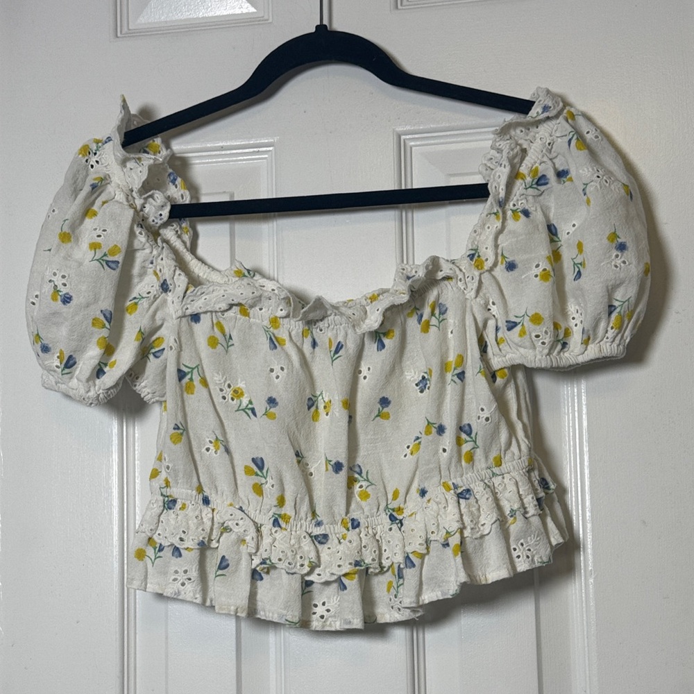 ZARA Floral Eyelet Puff Sleeve Smocked Back Ruffle Crop Top Cottagecore M - Picture 3 of 6